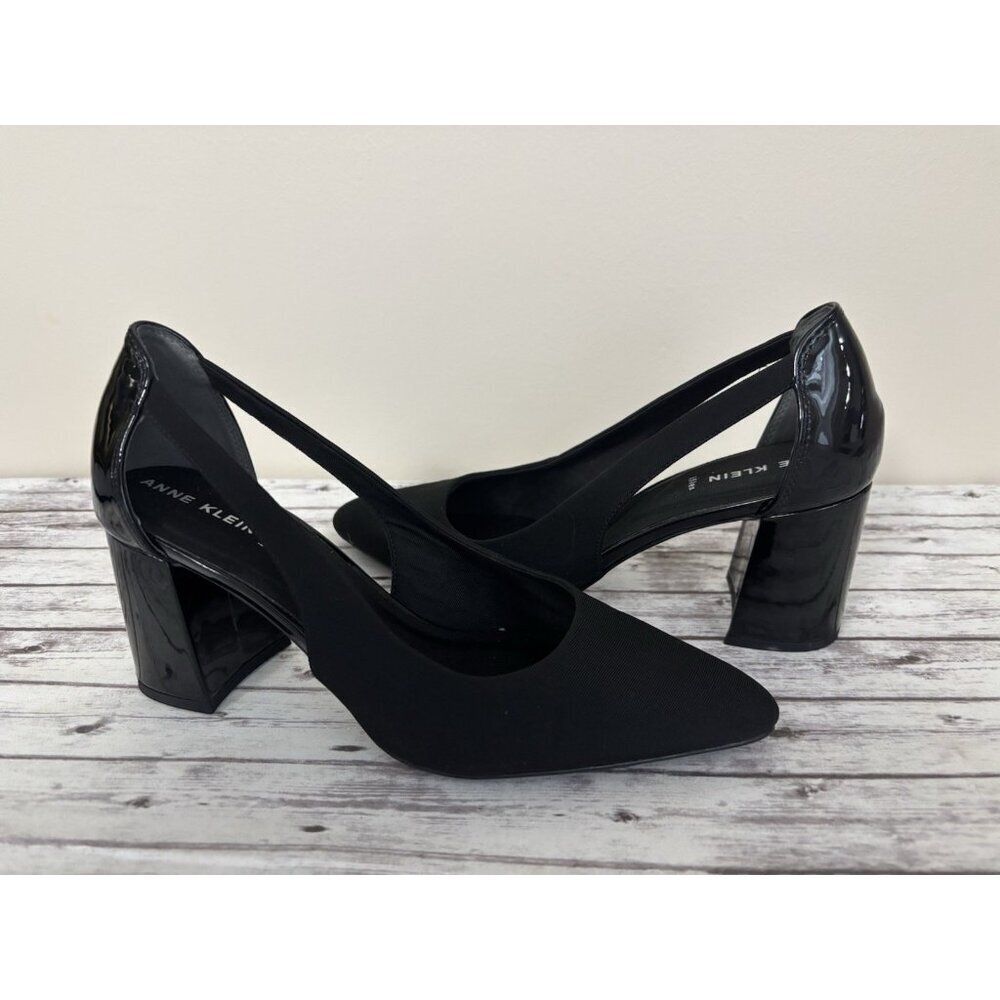 Anne Klein Bridget Pump Block Heels Dress Shoes Womens Size‎ 9, Black Fabric